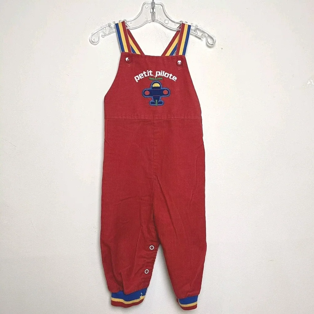 Vintage Health-Tex Airplane Toddler Corduroy Red Overalls Petit‎ Pilot 24 Months
